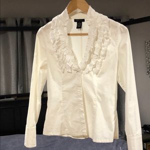 BCBG White ruffled top